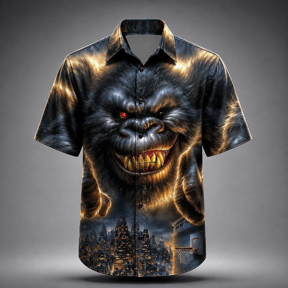 Men's Evil Gorilla Print Short Sleeve Horror Button-Down Shirt