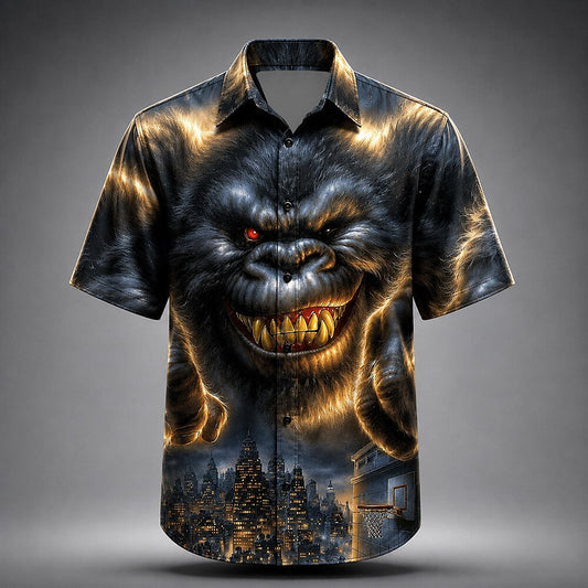Men's Evil Gorilla Print Short Sleeve Horror Button-Down Shirt