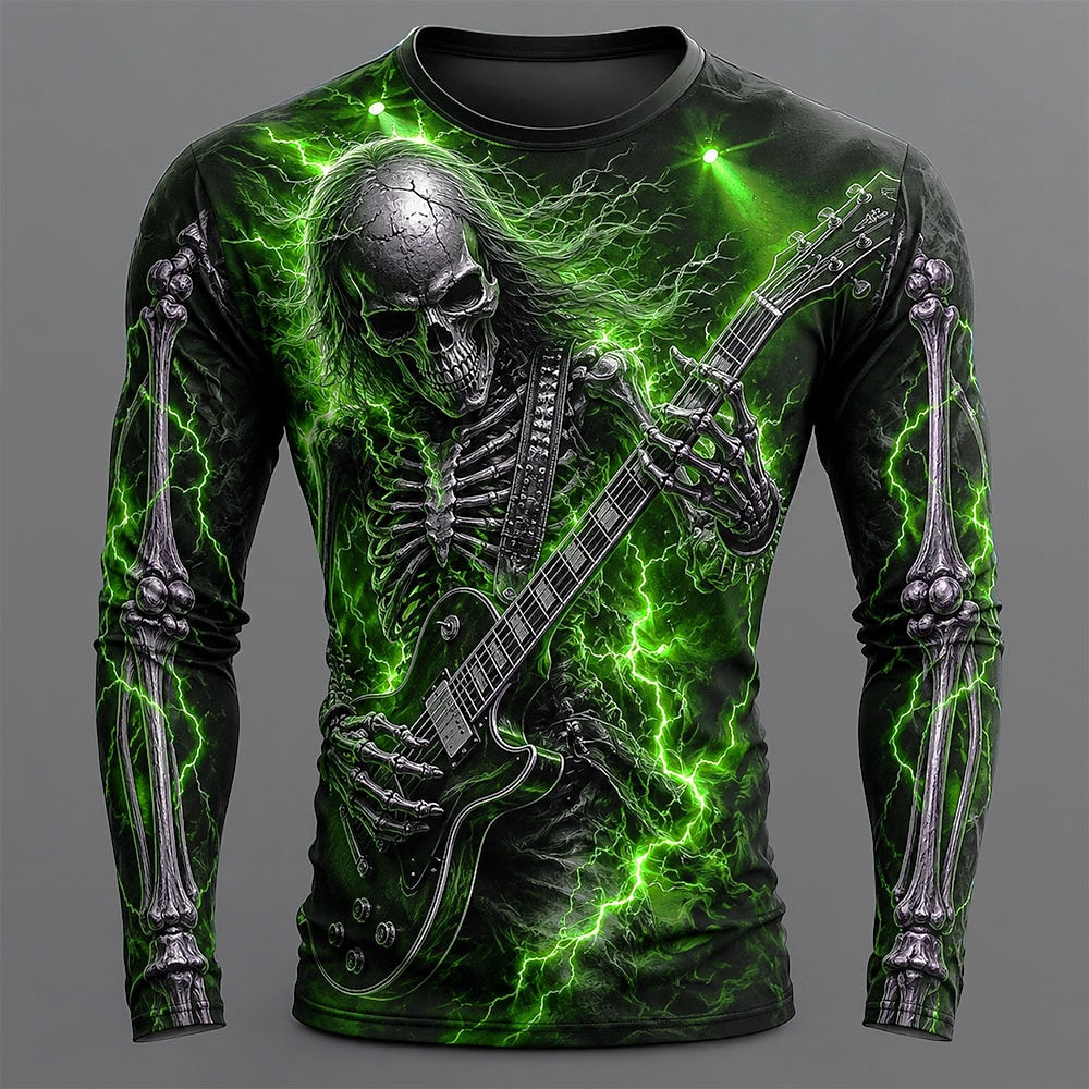 Halloween Men's Electric Skeleton Guitar Graphic Long Sleeve T-Shirt