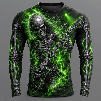 Halloween Men's Electric Skeleton Guitar Graphic Long Sleeve T-Shirt