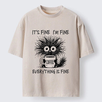 Japanese Style Frazzled Cat Coffee Washed T-Shirt