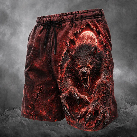 Men's Red Wolf Print Mid-Length Streetwear Swim Shorts