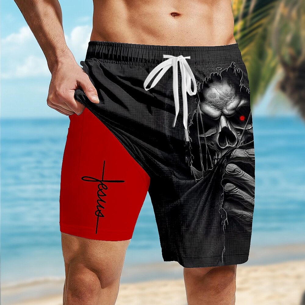 Men's Faith Cross Print Mid-Length Vintage Lined Board Shorts