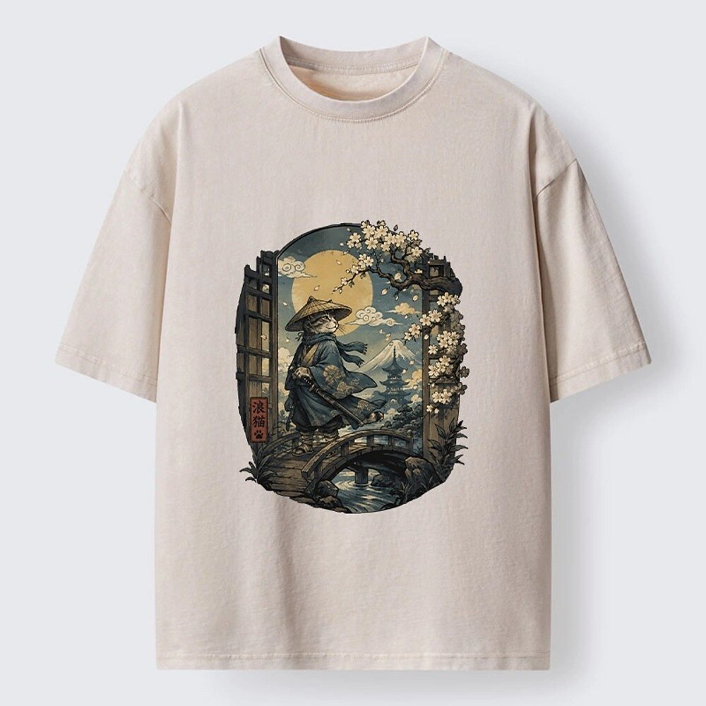 Japanese Style Ronin Cat Washed T-Shirt