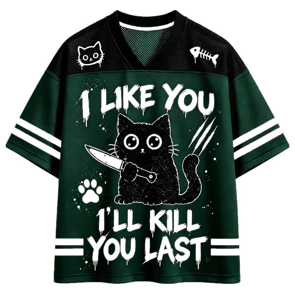 I Like You Knife Cat V-Neck Mesh Jersey
