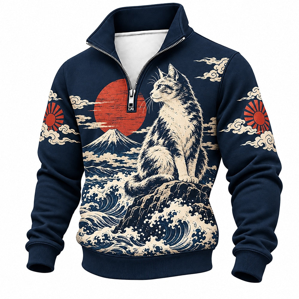 Red Sun Mount Fuji Cat Half-Zip Sweatshirt