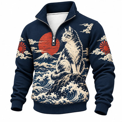 Red Sun Mount Fuji Cat Half-Zip Sweatshirt