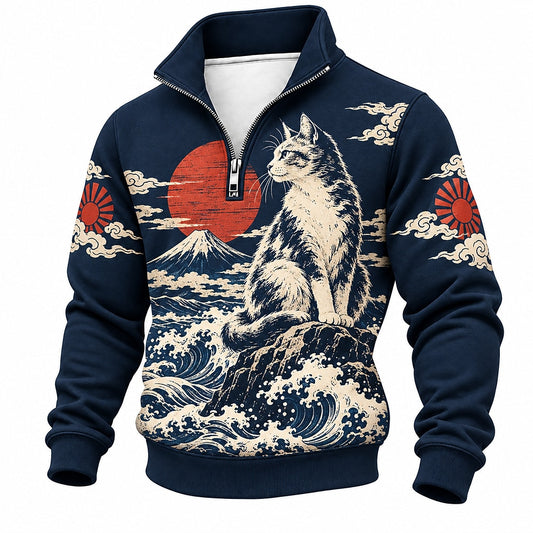 Red Sun Mount Fuji Cat Half-Zip Sweatshirt