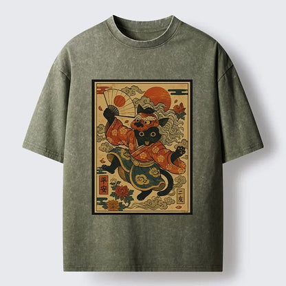 Men's Ukiyo-e Cat Graphic Washed Cotton T-Shirt