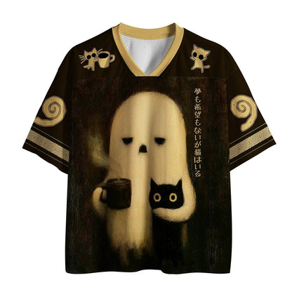Men's Ghost Cat Coffee Print Short Sleeve Halloween Jersey T-Shirt
