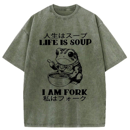 Japanese Style Life Is Soup Frog Washed T-Shirt