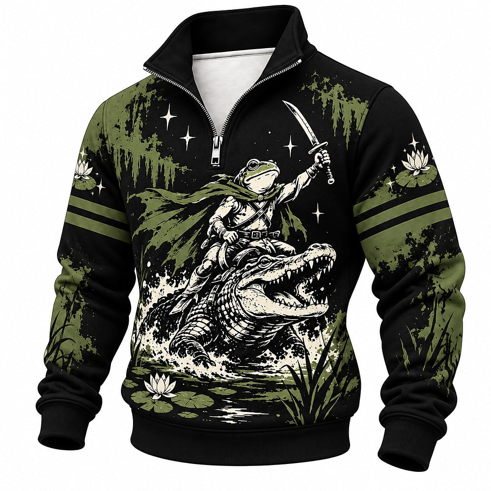 Samurai Frog Crocodile Rider Half-Zip Sweatshirt
