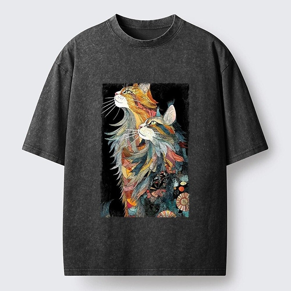 Japanese Style Abstract Two Cats Washed T-Shirt