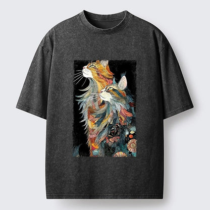 Japanese Style Abstract Two Cats Washed T-Shirt