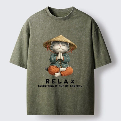 Japanese Style Meditating Cat Washed T-Shirt