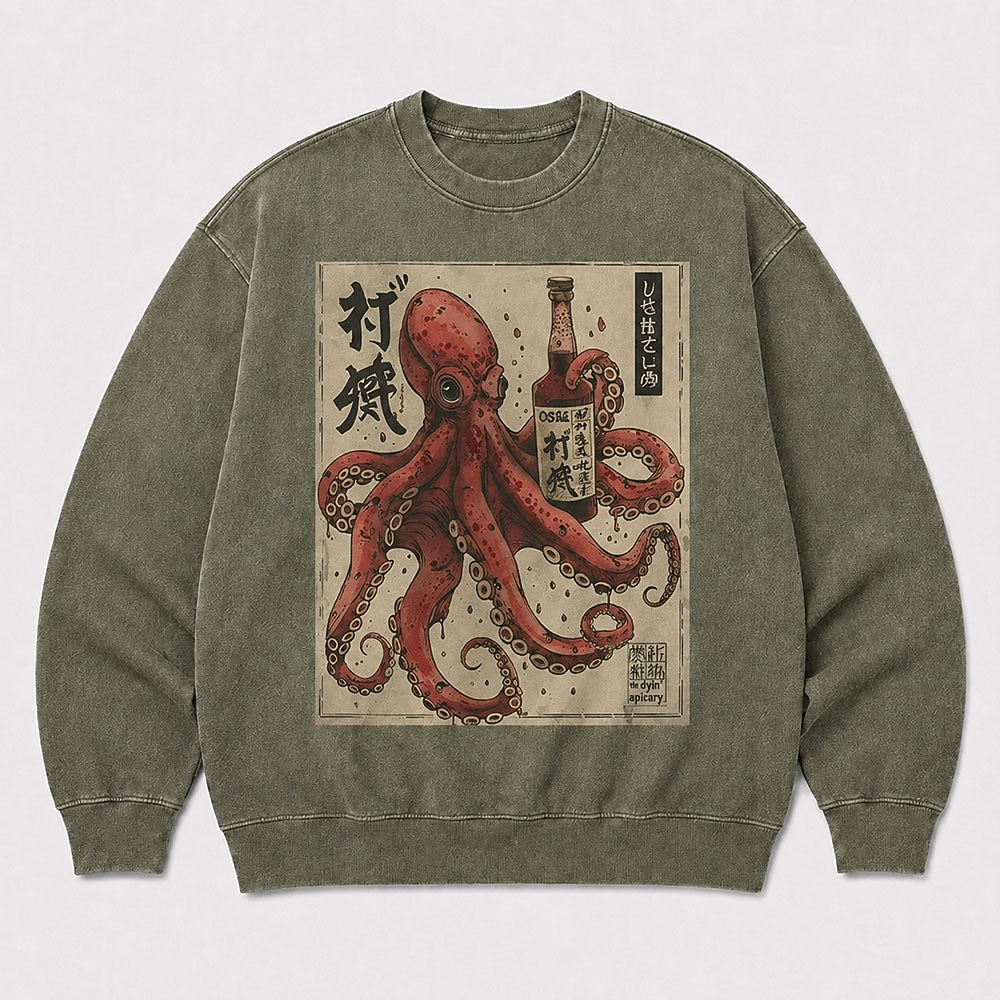 Men's Japanese Octopus Graphic Washed Crew Neck Sweatshirt