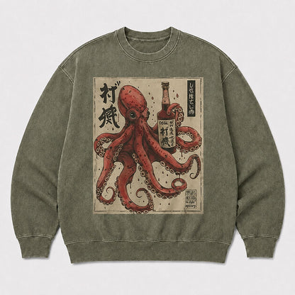 Men's Japanese Octopus Graphic Washed Crew Neck Sweatshirt