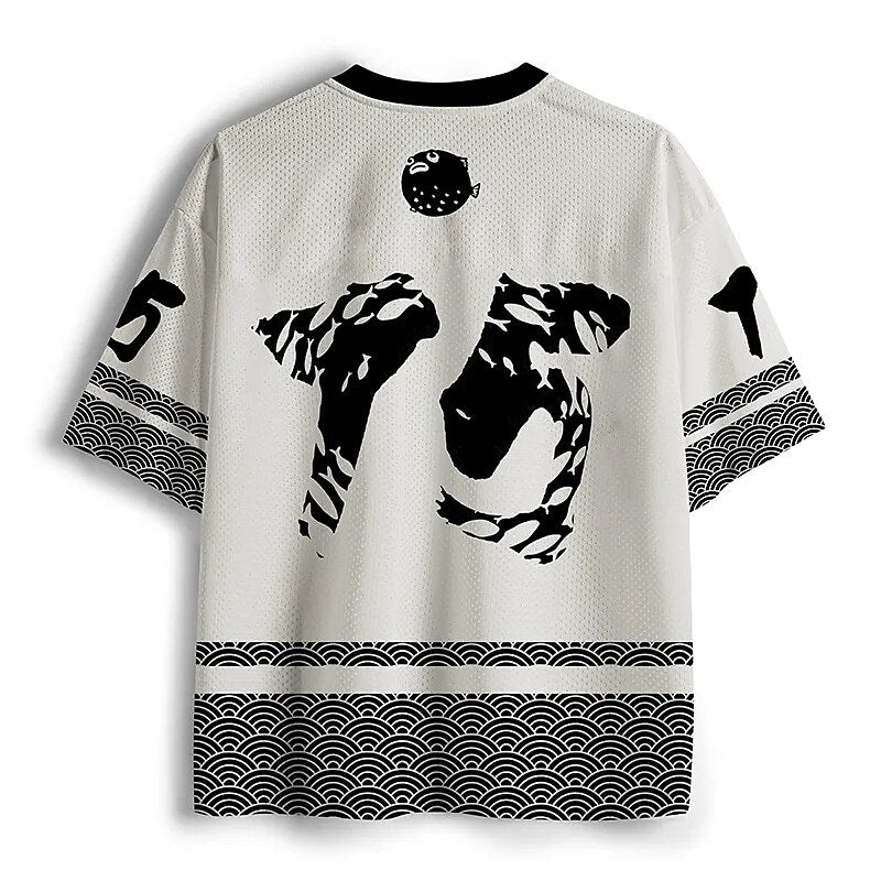 Men's White Fish Number Graphic Print Short Sleeve Sports Jersey T-Shirt