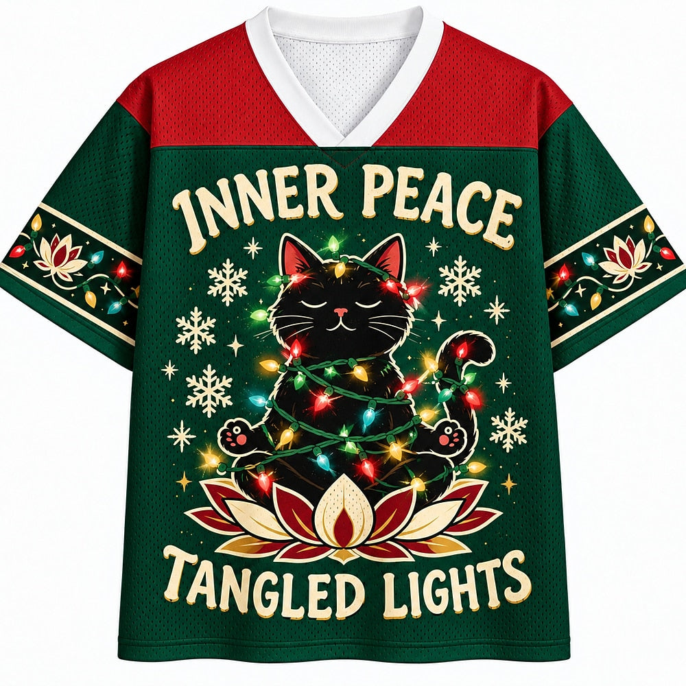 Inner Peace Tangled Lights Christmas Cat V-Neck Mesh Jersey
