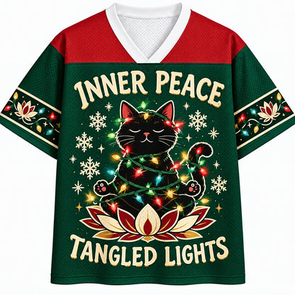 Inner Peace Tangled Lights Christmas Cat V-Neck Mesh Jersey