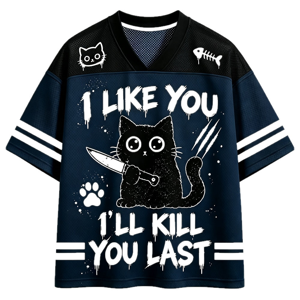 I Like You Knife Cat V-Neck Mesh Jersey