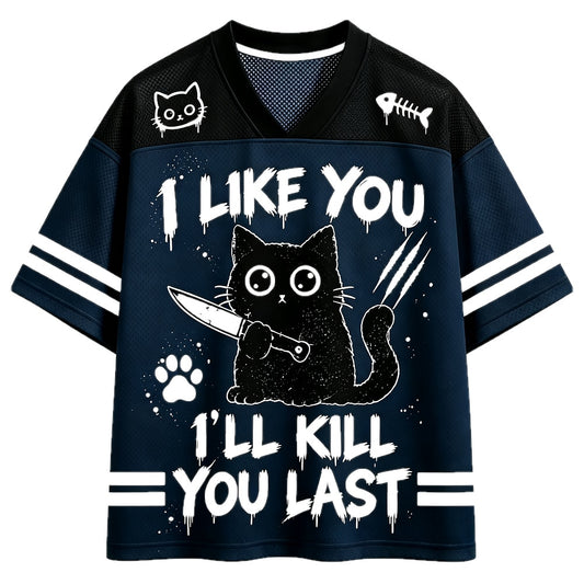 I Like You Knife Cat V-Neck Mesh Jersey
