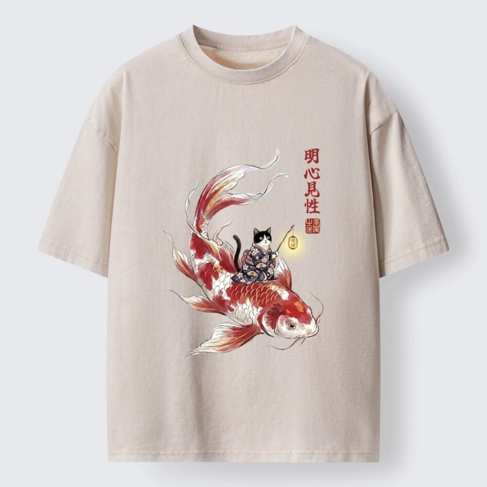 Japanese Style Cat Koi Lantern Washed T-Shirt