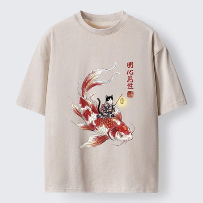 Japanese Style Cat Koi Lantern Washed T-Shirt