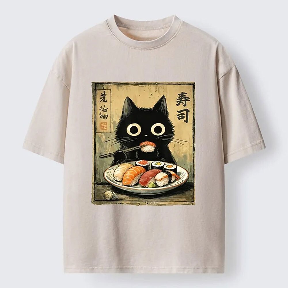 Men's Black Cat Ramen Graphic Washed Cotton T-Shirt