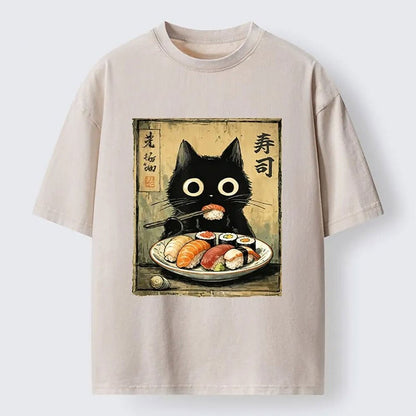 Men's Black Cat Ramen Graphic Washed Cotton T-Shirt