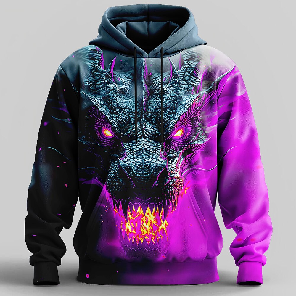 Men's Fire Dragon Print Long Sleeve Streetwear Pullover Hoodie