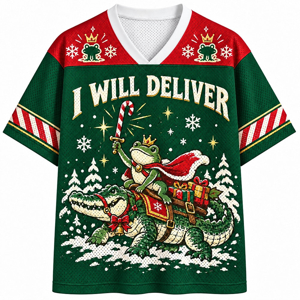 I Will Deliver Santa Frog V-Neck Mesh Jersey