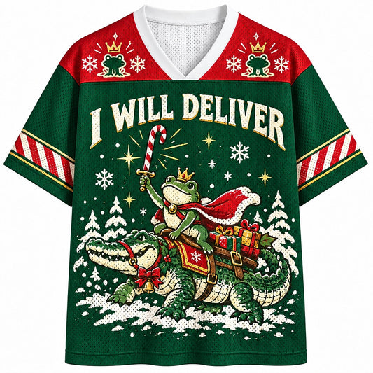 I Will Deliver Santa Frog V-Neck Mesh Jersey