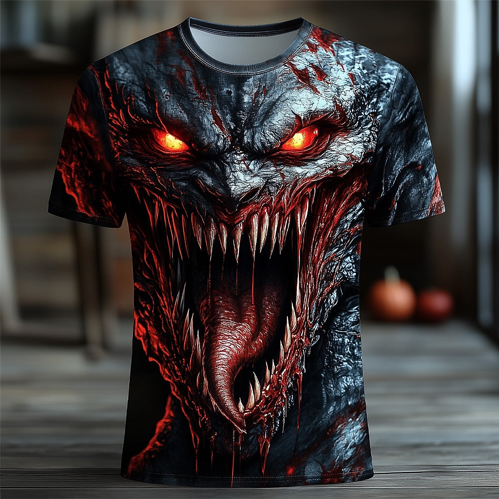 Men's Demon Dragon Face Print Short Sleeve Horror T-Shirt