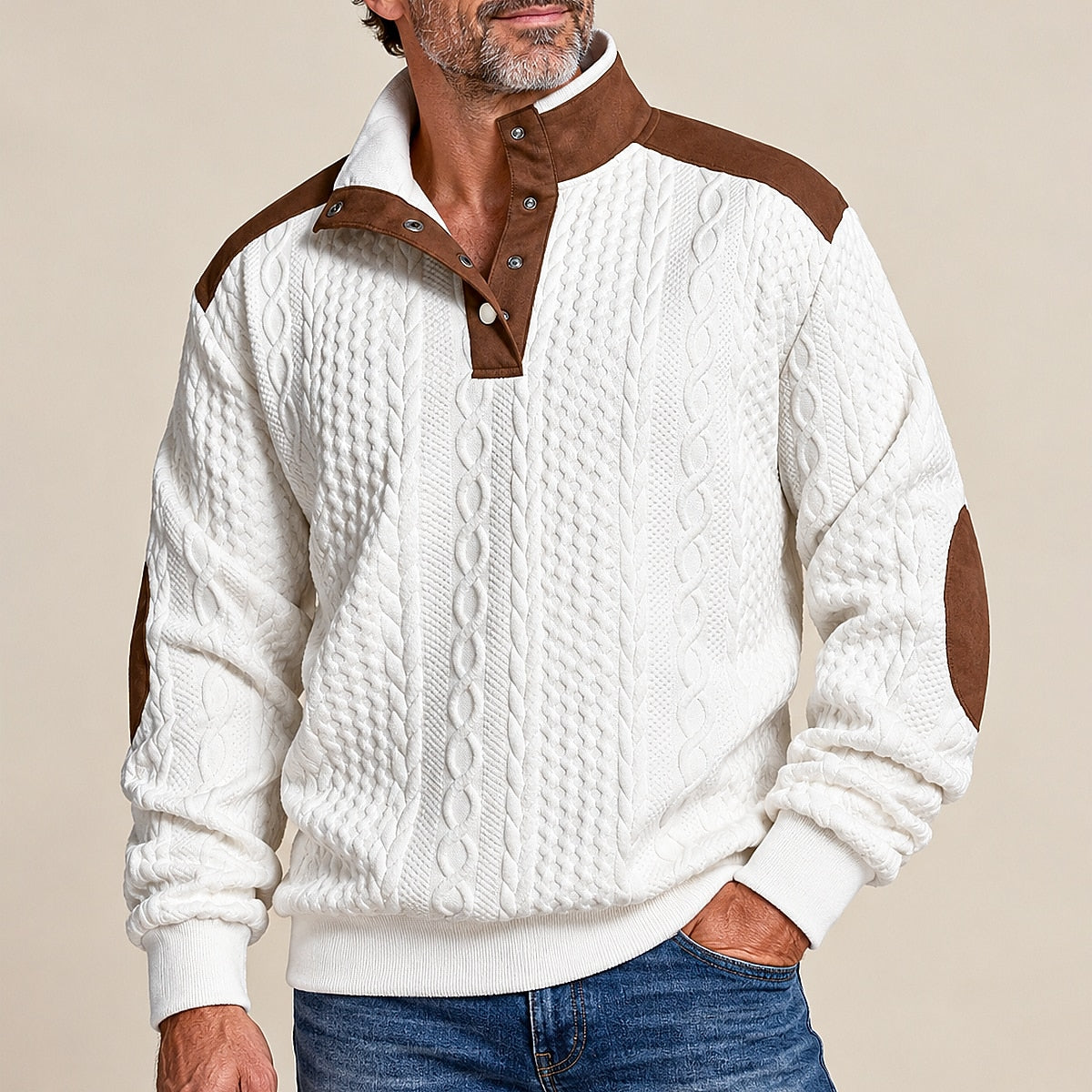 Cable Texture Contrast Collar Sweatshirt