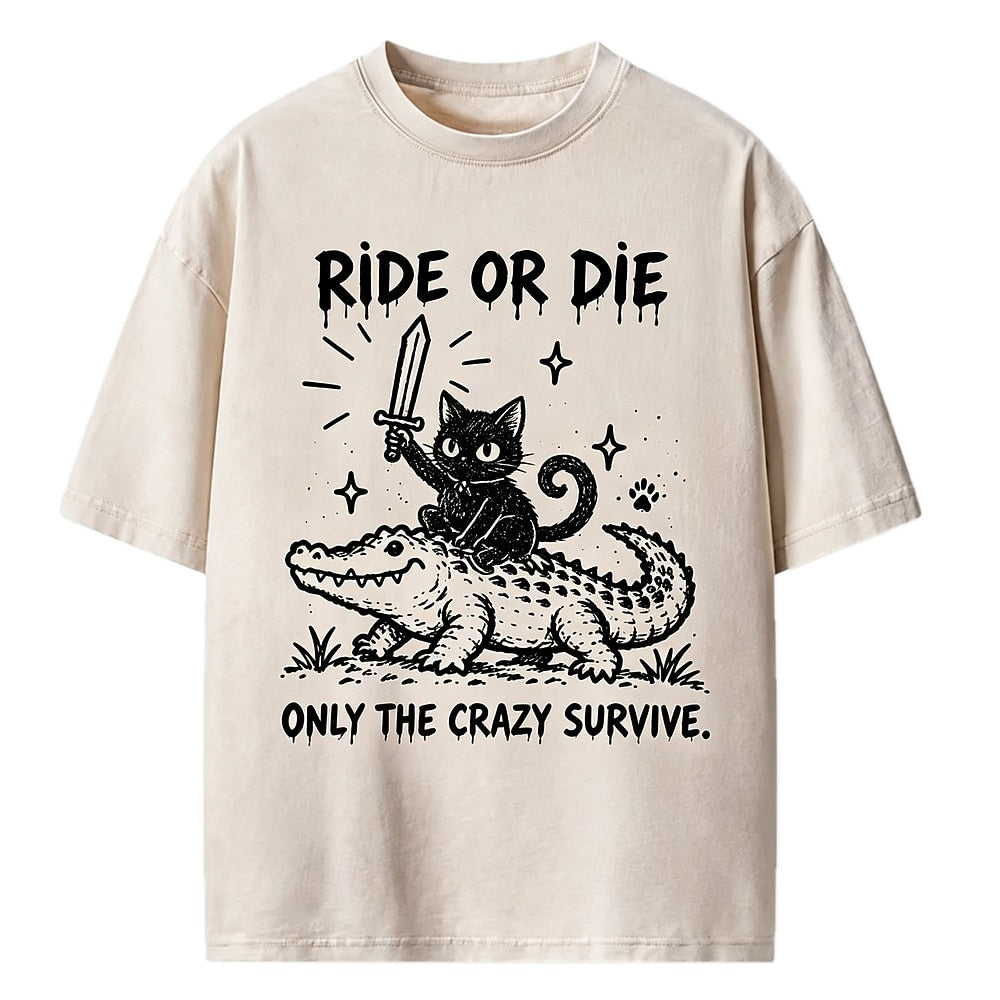 Ride or Die Crocodile Cat Washed T-Shirt