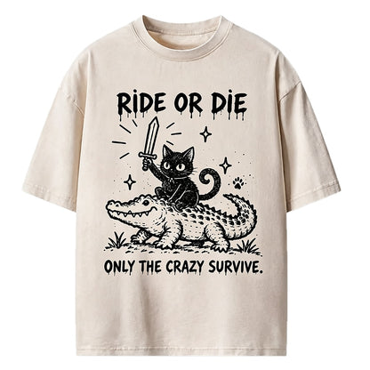 Ride or Die Crocodile Cat Washed T-Shirt