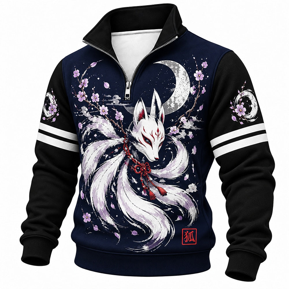 Moonlit Kitsune Cherry Blossoms Half-Zip Sweatshirt