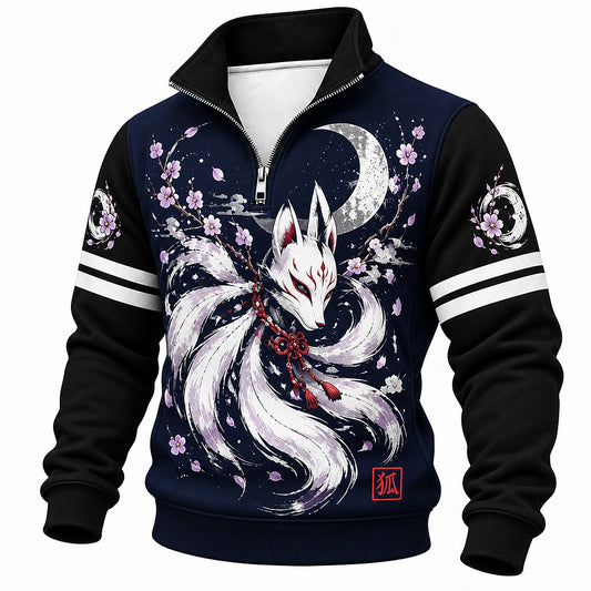 Moonlit Kitsune Cherry Blossoms Half-Zip Sweatshirt