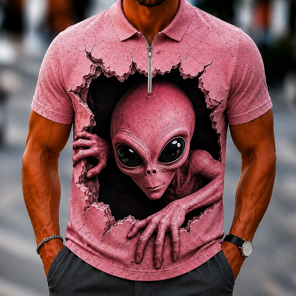 Men's Cool Alien Print Short Sleeve Sporty Zip Polo