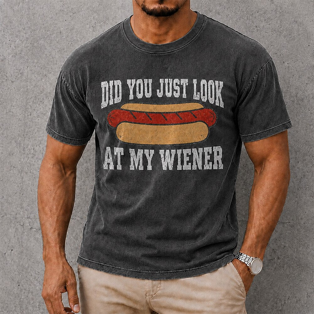 Men's Wiener Joke Quote Print Short Sleeve Acid-Wash T-Shirt