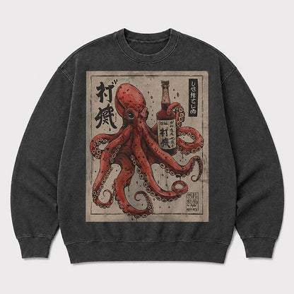 Men's Japanese Octopus Graphic Washed Crew Neck Sweatshirt