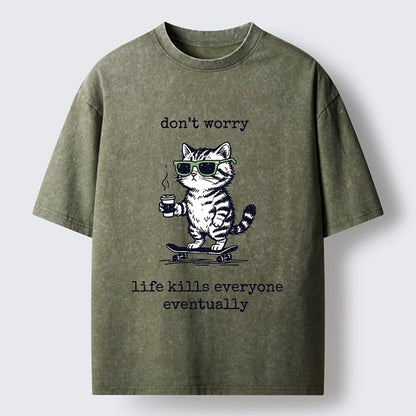 Japanese Style Skateboard Cat Washed T-Shirt
