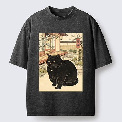 Japanese Style Black Cat Washed T-Shirt