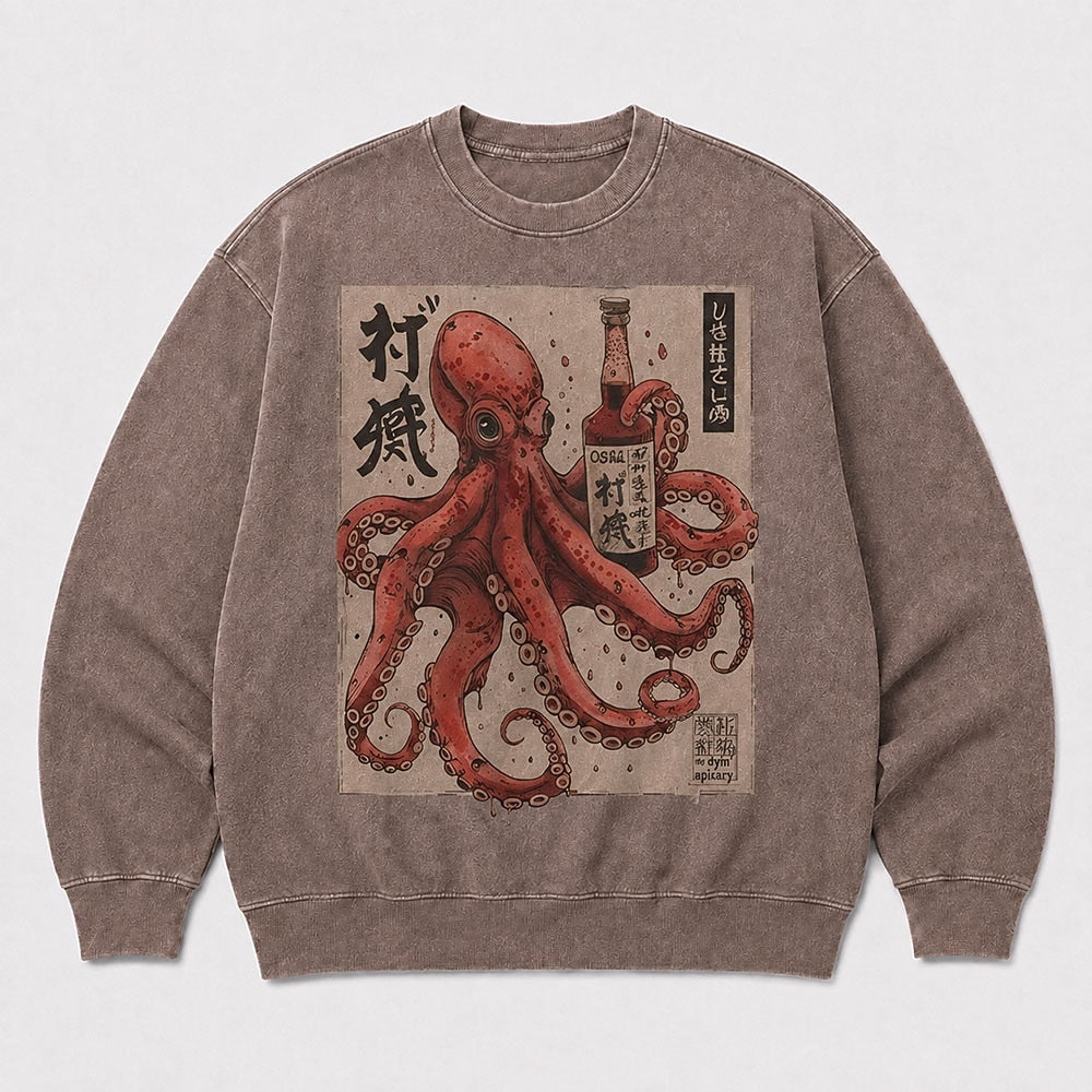 Men's Japanese Octopus Graphic Washed Crew Neck Sweatshirt