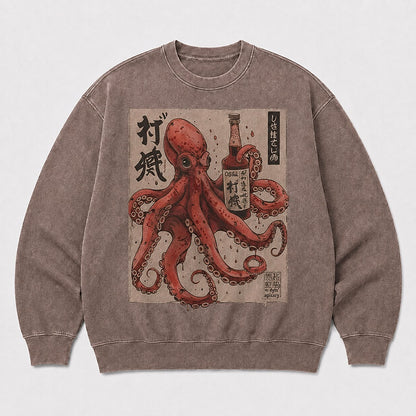 Men's Japanese Octopus Graphic Washed Crew Neck Sweatshirt