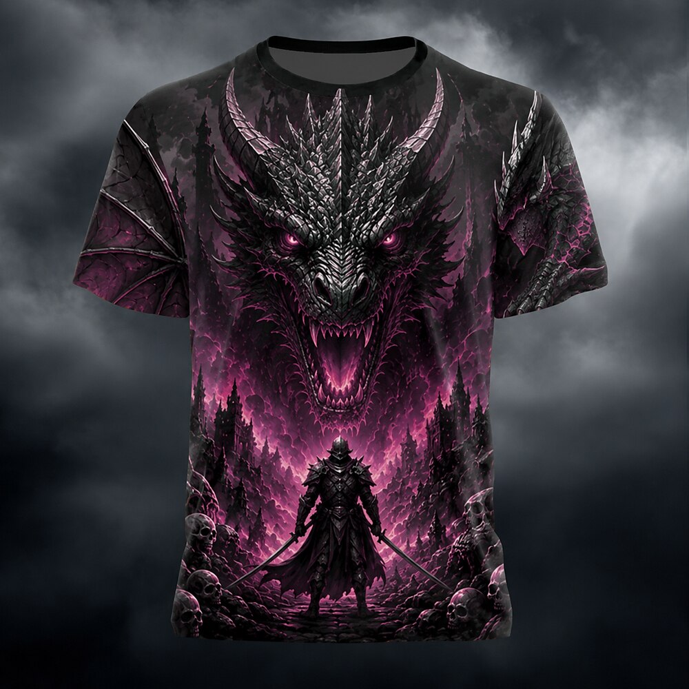 Men's Fire Dragon Skull Print Short Sleeve Gothic T-Shirt
