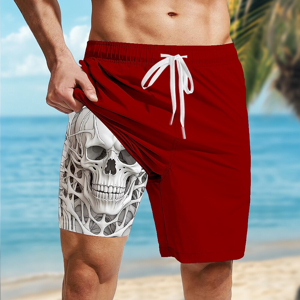 Men's White Skull Print Mid-Length Casual Lined Board Shorts
