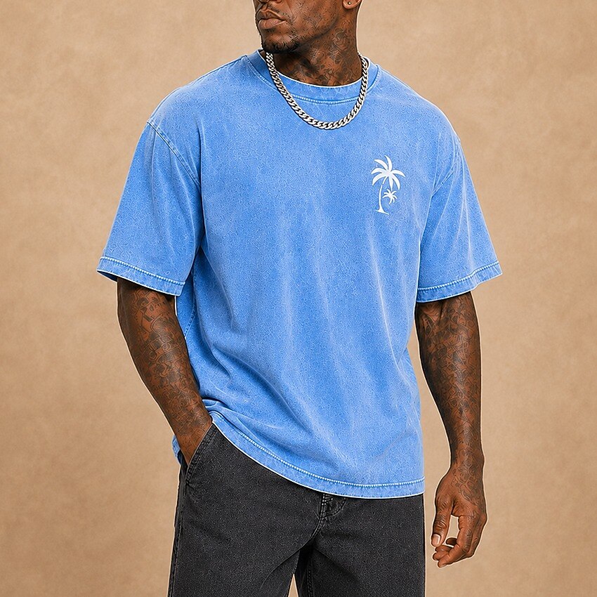 Men's Palm Tree Minimal Print Short Sleeve Acid-Wash T-Shirt