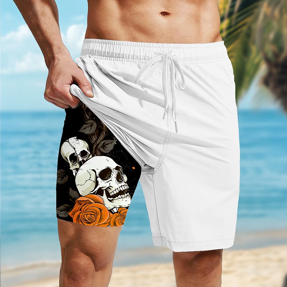 Men's Skull Rose Print Mid-Length Gothic Lined Board Shorts